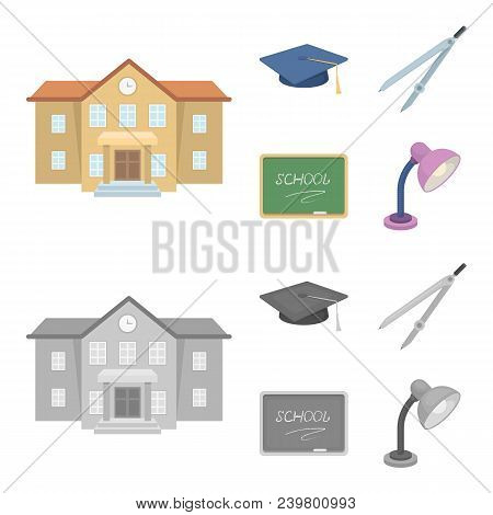 School Building, College With Windows, A Master Or Applicant Hat, Compasses For A Circle, A Board Wi