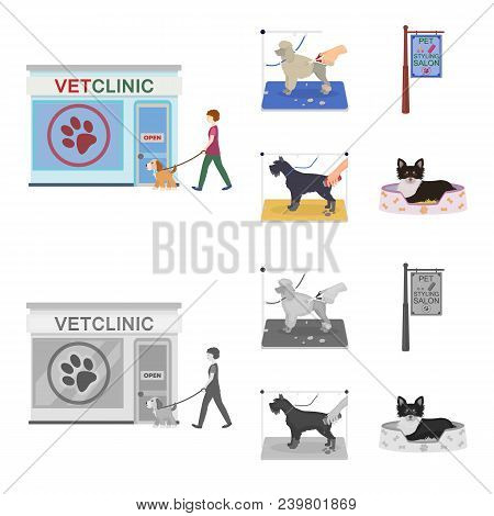 Visiting A Vet Clinic, A Signboard Of A Stylish Salon For A Pet, A Haircut Of Dogs. Vet Clinic And P