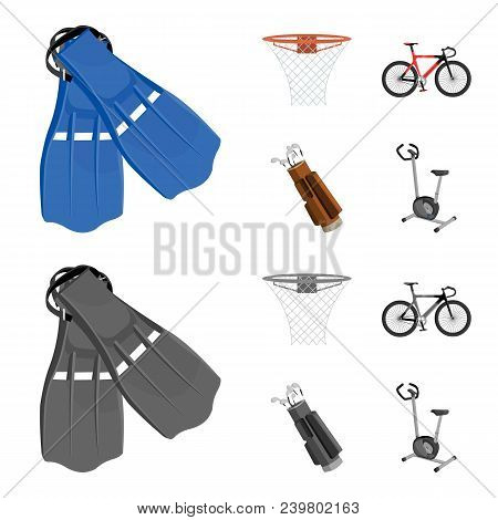 Flippers For Swimming, Basketball Basket, Net, Racing Holograph, Golf Bag. Sport Set Collection Icon