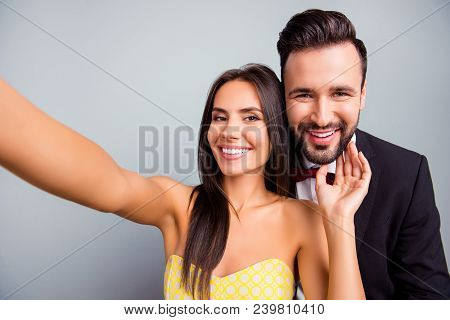 Selfie Portrait Photo Of Lovely Couple, Family, Woman Making Selfie On Smart Phone With Her Elegant 