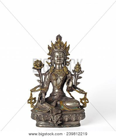 Closeup Tibet Guan Yin Buddha Statue Isolated On White Background, Clipping Path