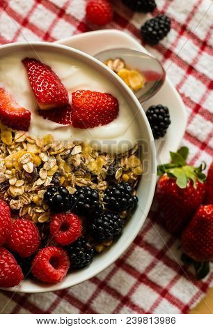 Healthy Breakfast Concept With Oat Flakes On Tablecloth