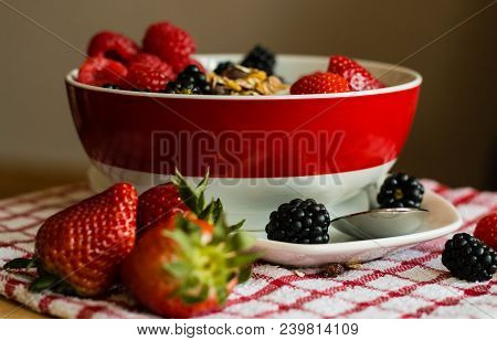 Healthy Breakfast Concept With Oat Flakes On Tablecloth