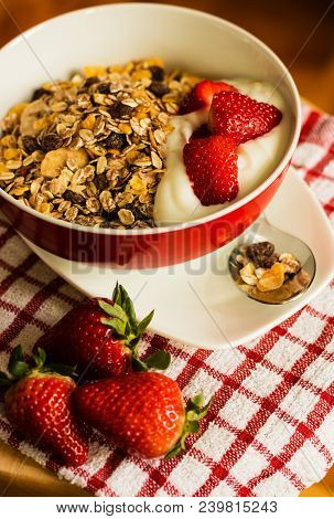 Healthy Breakfast Concept With Oat Flakes On Tablecloth