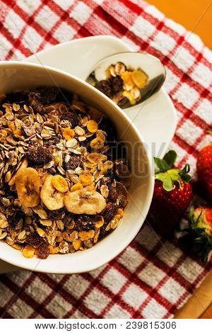 Healthy Breakfast Concept With Oat Flakes On Tablecloth