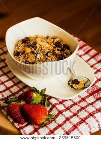 Healthy Breakfast Concept With Oat Flakes On Tablecloth