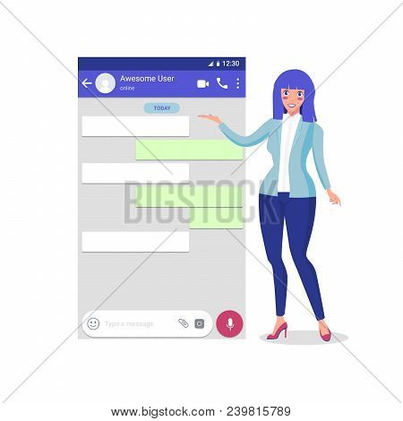 Mockup Presentation Of Mobile Messenger By Stylish Girl. Application Design Inspired By Whatsapp Or 