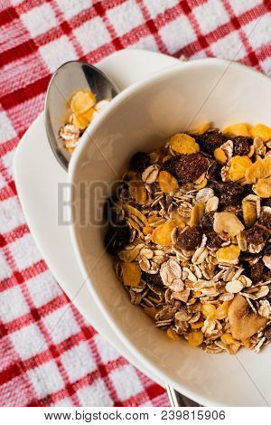Healthy Breakfast Concept With Oat Flakes On Tablecloth