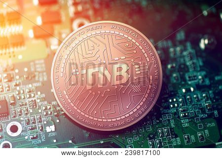 Shiny Copper Tnb Cryptocurrency Coin On Blurry Motherboard Background Token
