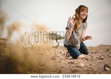 Girl Have Fun In Desert In A Summer Day