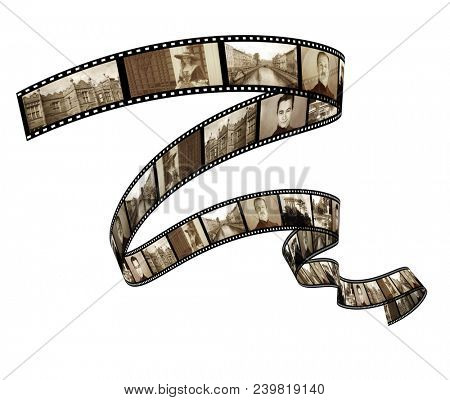 Memories - retro photo with filmstrip. Isolated on white background. 3d render