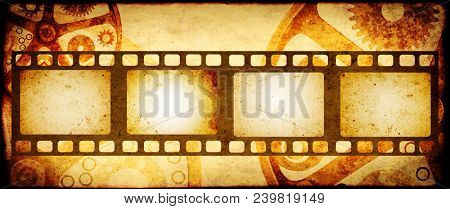 Grunge horizontal background in steampunk style with retro filmstrips and old paper texture. Mock up template. Copy space for text