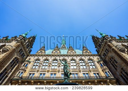 Beautiful View Of Famous Hamburg Town Hall With Hygieia Fountain From Courtyard Near Market Square A