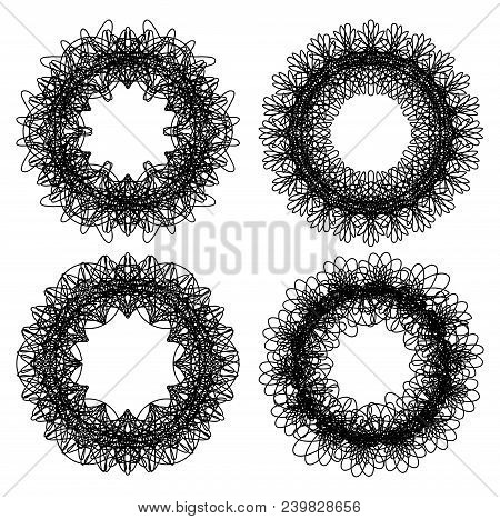 Monochrome Guilloche Design Elements, Set Of Four Isolated Lace Patterns, Black Line On White Backgr