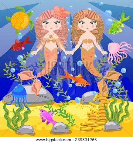 Vector Background With An Underwater World In A Children's Style. A Mermaid Is Sitting On A Rock.
