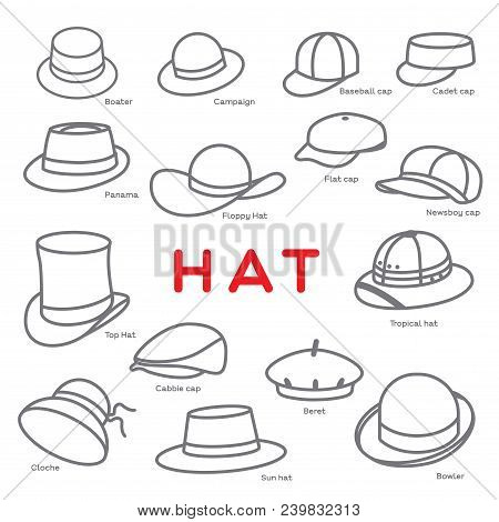 Different Styles Of Hat Are Created As Icon On White Background.
