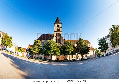 Fish-eye Picture Of Famous St. Dionysius Church At Esslingen Market Square, Germany