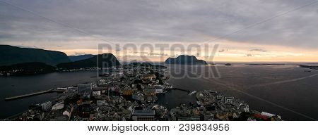 Sunset Panorama View To Alesund From Fjellstua Viewpoint At Norway