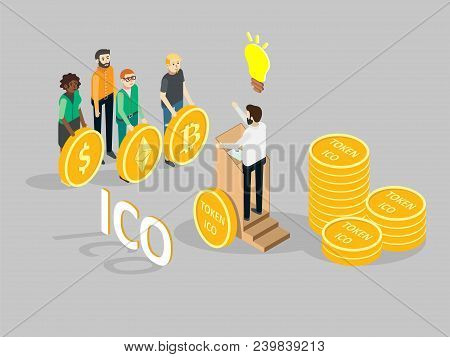 Ico Concept Vector Isometric Illustration. Businessman With Light Bulb Giving Presentation Of New Cr