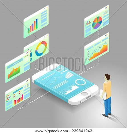 Mobile Data Analytics Flowchart Template. Vector Isometric Business Statistics Charts, Graphs Linked