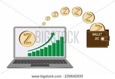 Transfer Zcash Coins From Laptop In The Wallet On A White Background,growth Diagram With Coin Of Zca