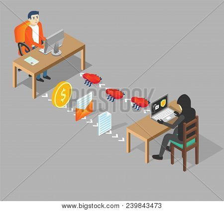 Hacking User Process Flowchart. Vector Isometric Illustration. Anonymous Hacker Programmer Wearing H