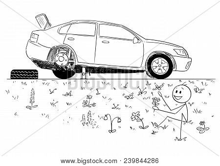 Cartoon Stick Man Drawing Conceptual Illustration Of Man Repairing Broken Car And Founding Beauty Of