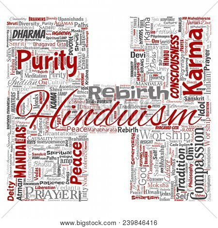 Conceptual hinduism, shiva, rama, yoga letter font H red word cloud isolated background. Collage of mandalas, samsara, celebration, tradition, peace, compassion, rebirth, karma, dharma concept