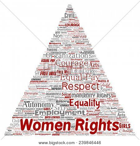 Conceptual women rights, equality, free-will triangle arrow red word cloud isolated background. Collage of feminism, empowerment, integrity, opportunities, awareness, courage, education concept