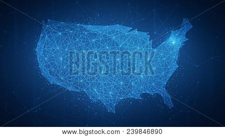 Polygon USA map with blockchain technology peer to peer network on futuristic hud background. Network, p2p business, e-commerce, bitcoin trading and cryptocurrency blockchain business banner concept.