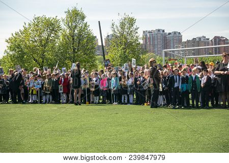 Russia. Moscow, May,07.18: School Stadium Is Full Of Kids On The Special Public Kindergarten Action 