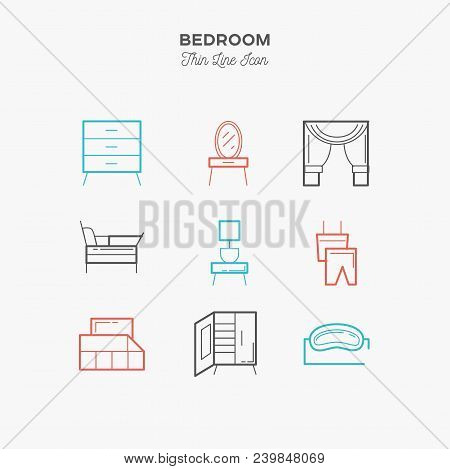 Bedroom, Interior, Thin Line Color Icons Set, Vector Symbols