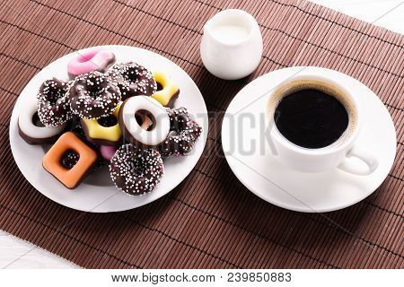 Coffee With Milk And Sweets And Cookies