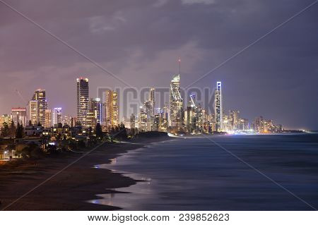 A View Of Broadbeach And Surfers Paradise At Dusk From Mick Schamburg Park Lookout In Miami, Queensl