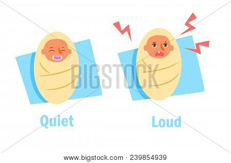 Quiet Loud Opposite Antonyms Vector. Cartoon. Isolated Art On White Background. Flat