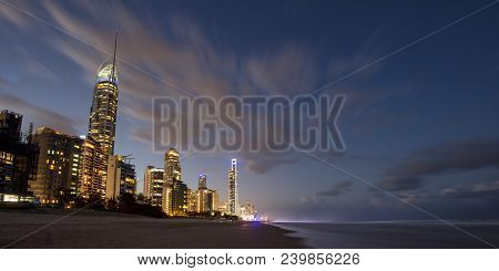 A View Of Broadbeach And Surfers Paradise At Dusk From Mick Schamburg Park Lookout In Miami, Queensl