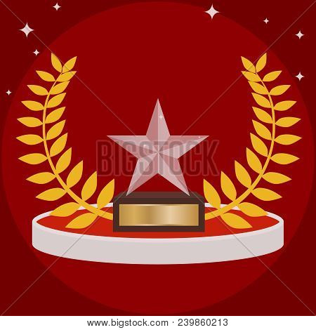 Sports Trophy In The Form Of A Star On Red. Sports Cup In The Form Of A Glass Star. Flat Design, Vec
