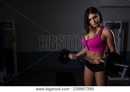 Woman In Gym Lifting Weights. The Athlete Lifts The Vulture Or Dumbbell. Halthy Concept