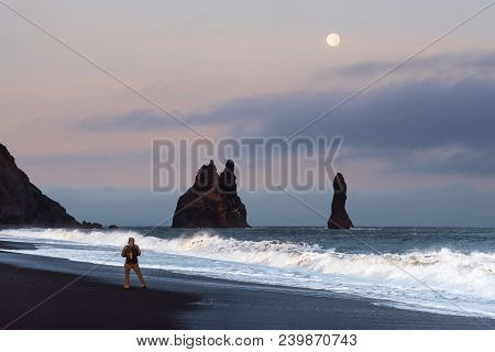 Famous Reynisdrangar Rock Formations At Black Reynisfjara Beach. Coast Of The Atlantic Ocean Near Vi