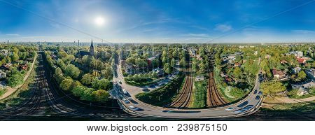 Riga City Drone Photo From Above Old Church In The Park, Vr Camera Sphere Planet, Virtual Reality, P