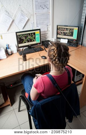 Bogandinskiy, Russia - April 20, 2018: Stekloteh Factory On Bottles Production. Female Engineer Work