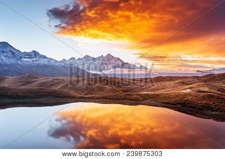 Mountain Lake. Beautiful Sunrise. Morning Landscape. Koruldi Lake. Main Caucasian Ridge. Svaneti Geo