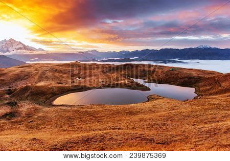 Mountain Lake. Beautiful Sunrise. Morning Landscape. Koruldi Lake. Main Caucasian Ridge. Svaneti Geo