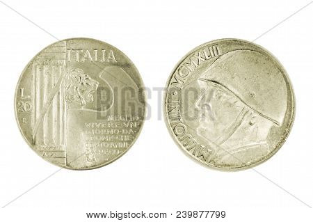 Two Side Of Silver Italian Mussolini Lira Coin Isolated On A White Background Taken Closeup.
