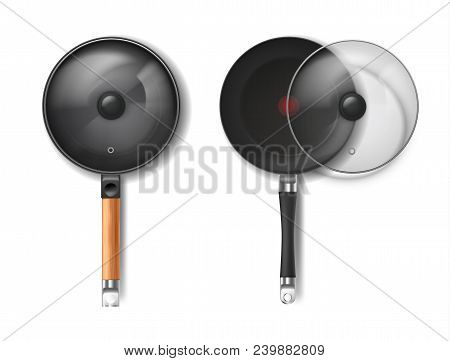 Vector Realistic Set Of Two Round Frying Pans With Glass Lids, With Red Thermo-spot Indicator And No