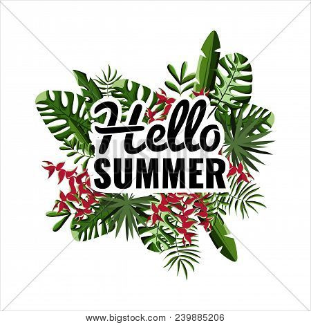 Hello Summer. Palm Leaves Background. Party Poster. Stock Vector