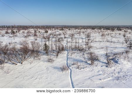 Arial Shot Of Snowy Winter Landscape. Winter Landscape With Footpath. Arial Winter Photograph. Snowy