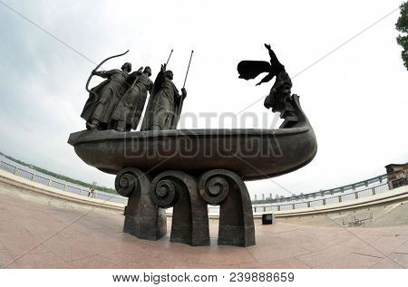 Monument to the mythical founders of Kiev on the Dnieper river.May 9,2018. Kiev,Ukraine