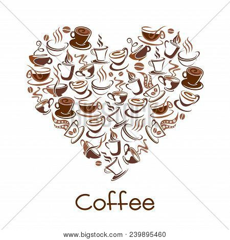 Cup Of Coffee Signs In Shape Of Heart Isolated On White Background. Coffee Cup Icon For Branding Of 
