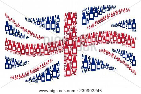 Waving United Kingdom Official Flag Collage Done Of Beer Bottle Icons. Vector Beer Bottle Design Ele